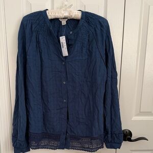 J. Crew ‘point sur’ Navy Blue Button-Up Blouse with Lace Trim